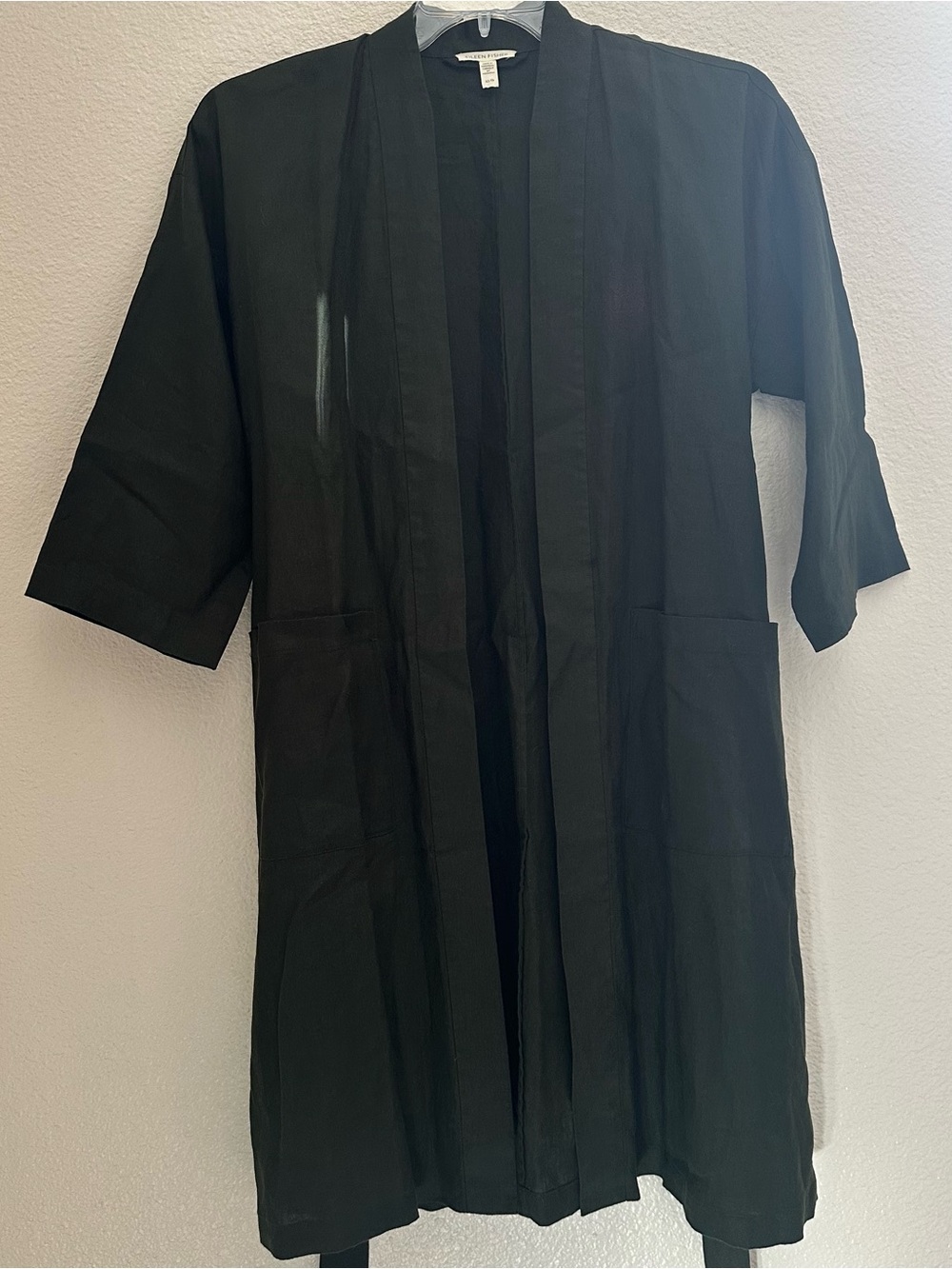 Eileen Fisher Organic Linen Long Kimono Belt Jacket Seaweed Green XS Minimalist - Picture 3 of 9